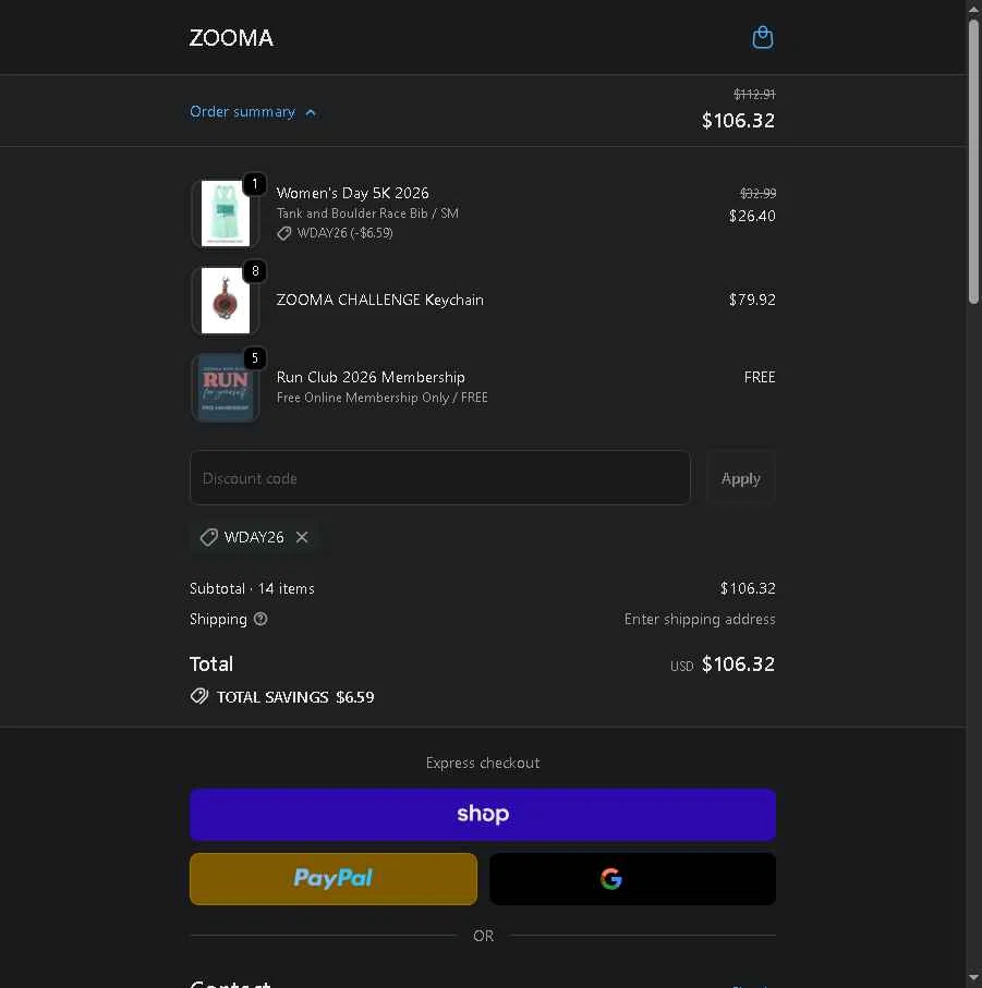 ZOOMA Women's Race Series checkout page showing ZOOMA Women's Race Series promo code box | Screenshot taken by SimplyCodes community member on Feb 8, 2026