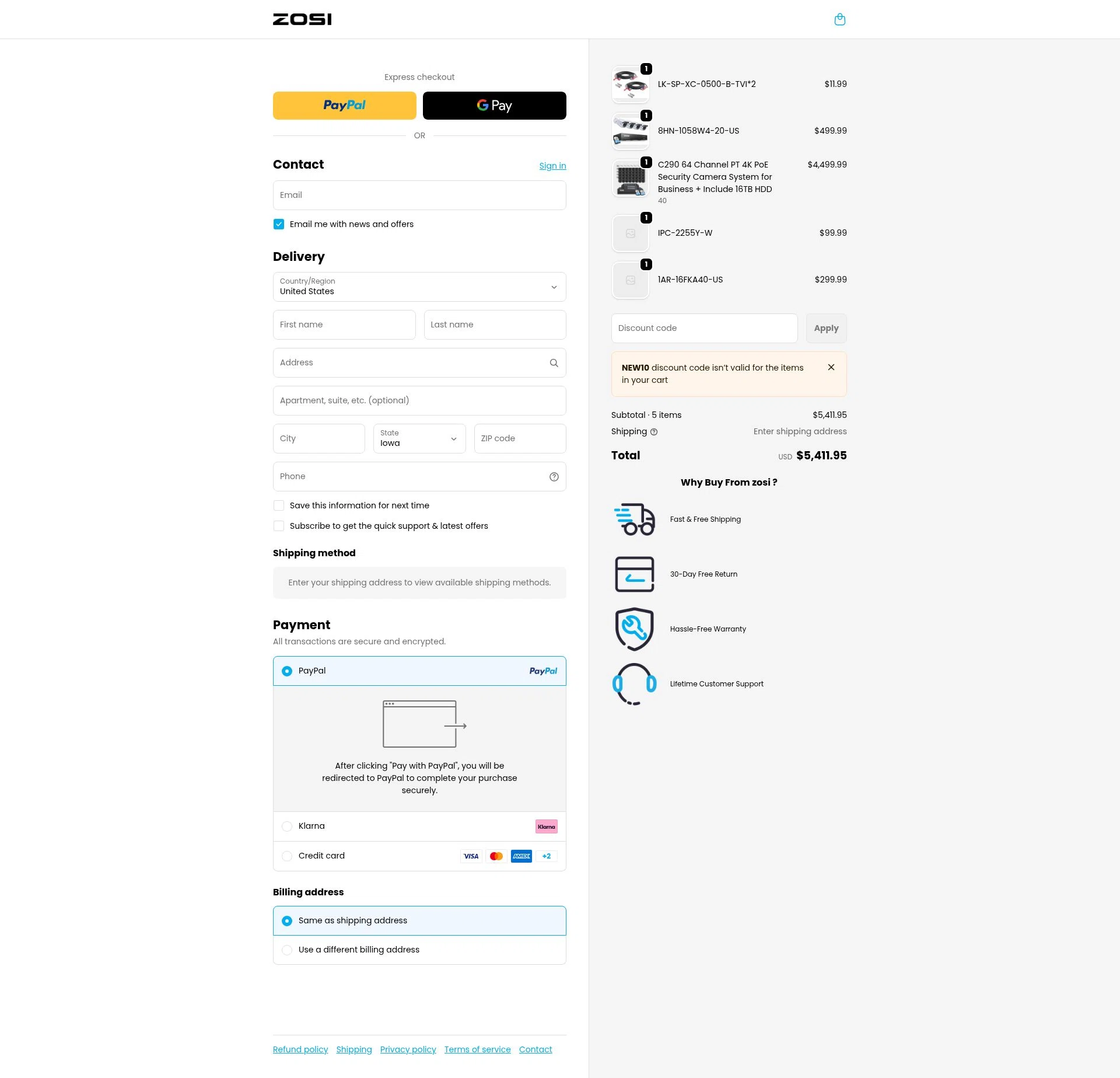 Zosi checkout page showing Zosi coupon code box | Screenshot taken by SimplyCodes community member on Jan 4, 2026