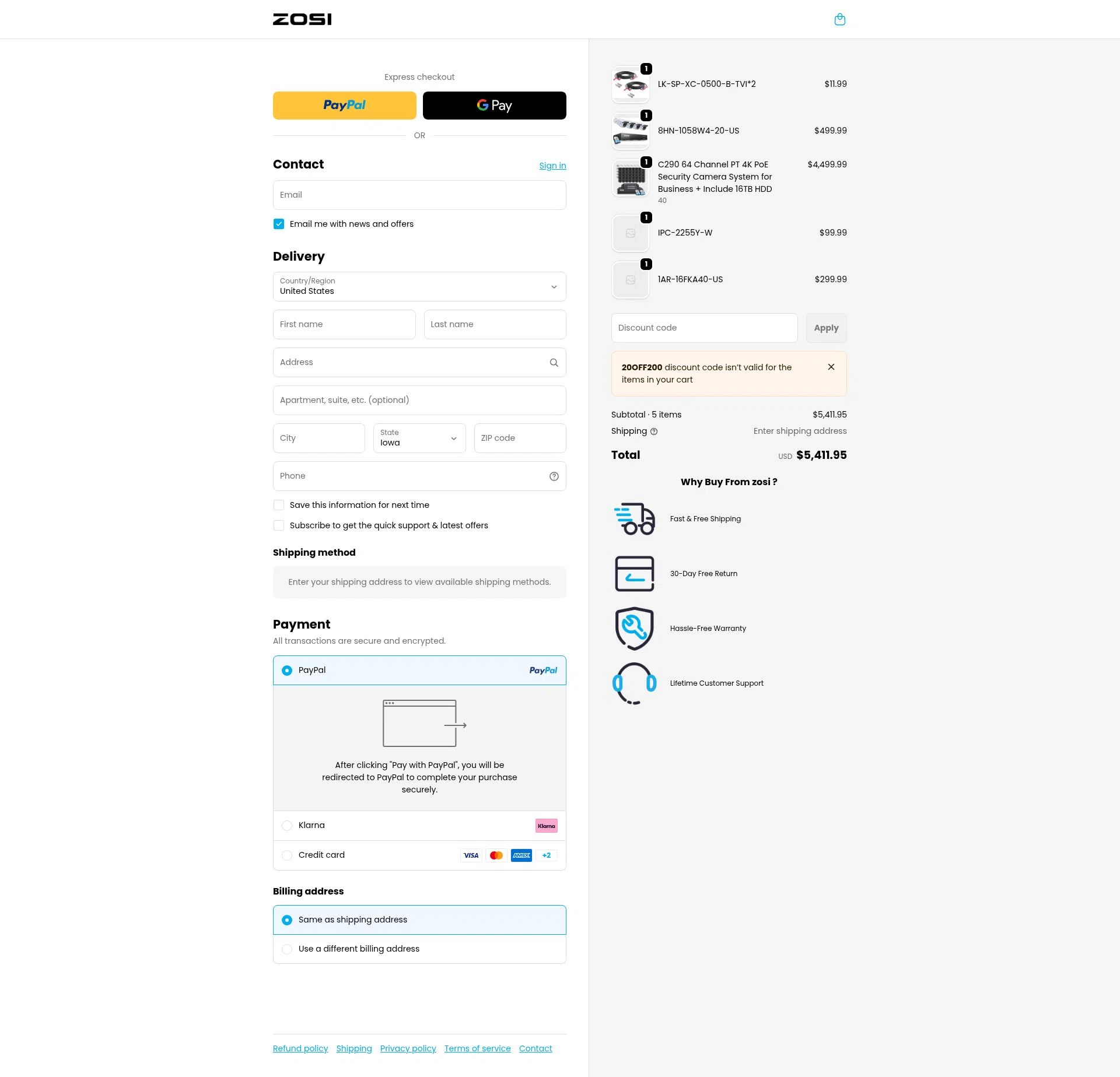 Zosi checkout page showing Zosi coupon code box | Screenshot taken by SimplyCodes community member on Jan 4, 2026