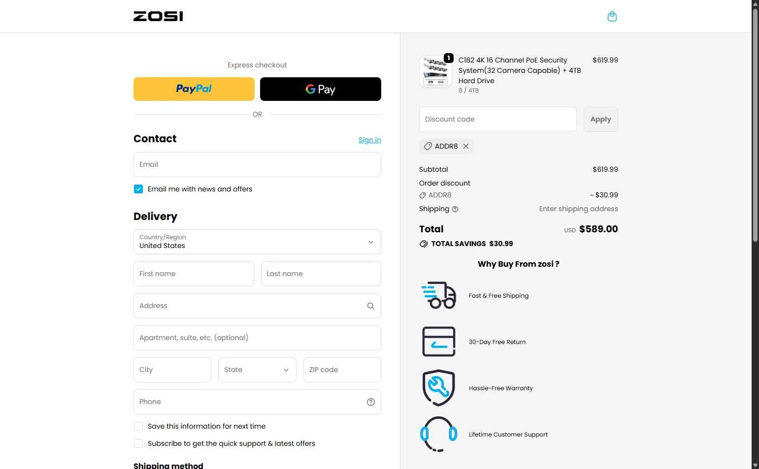 Zosi checkout page showing Zosi coupon code box | Screenshot taken by SimplyCodes community member on Jan 4, 2026