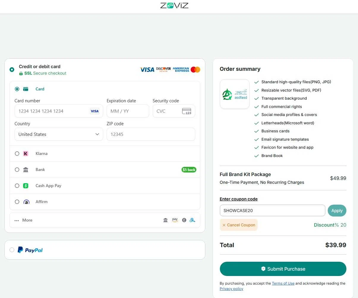 Zoviz coupon code screenshot showing code SHOWCASE20 applied at Zoviz checkout page. Uploaded by SimplyCodes community member WiseTitan5941 on Nov 24, 2025
