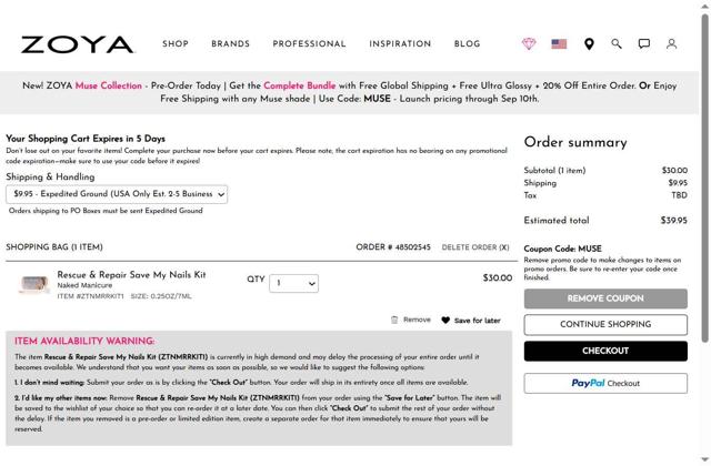 Zoya checkout page showing Zoya promo code box | Screenshot taken by SimplyCodes community member on Sep 7, 2025