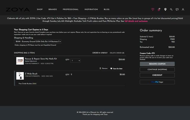 Zoya checkout page showing Zoya promo code box | Screenshot taken by SimplyCodes community member on Jul 3, 2025