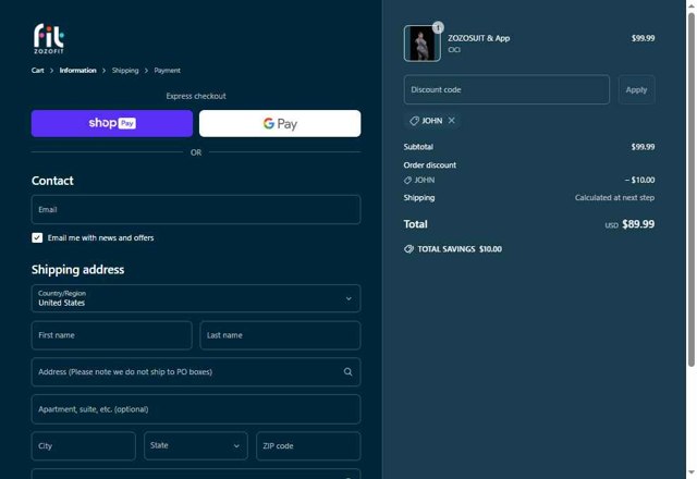 ZOZOFIT checkout page showing ZOZOFIT promo code box | Screenshot taken by SimplyCodes community member on Apr 28, 2025