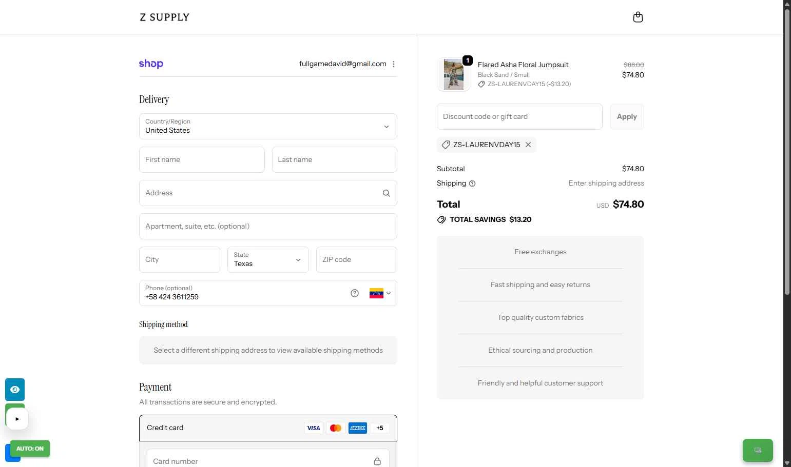 Z Supply Clothing checkout page showing Z Supply Clothing promo code box | Screenshot taken by SimplyCodes community member on Feb 5, 2026