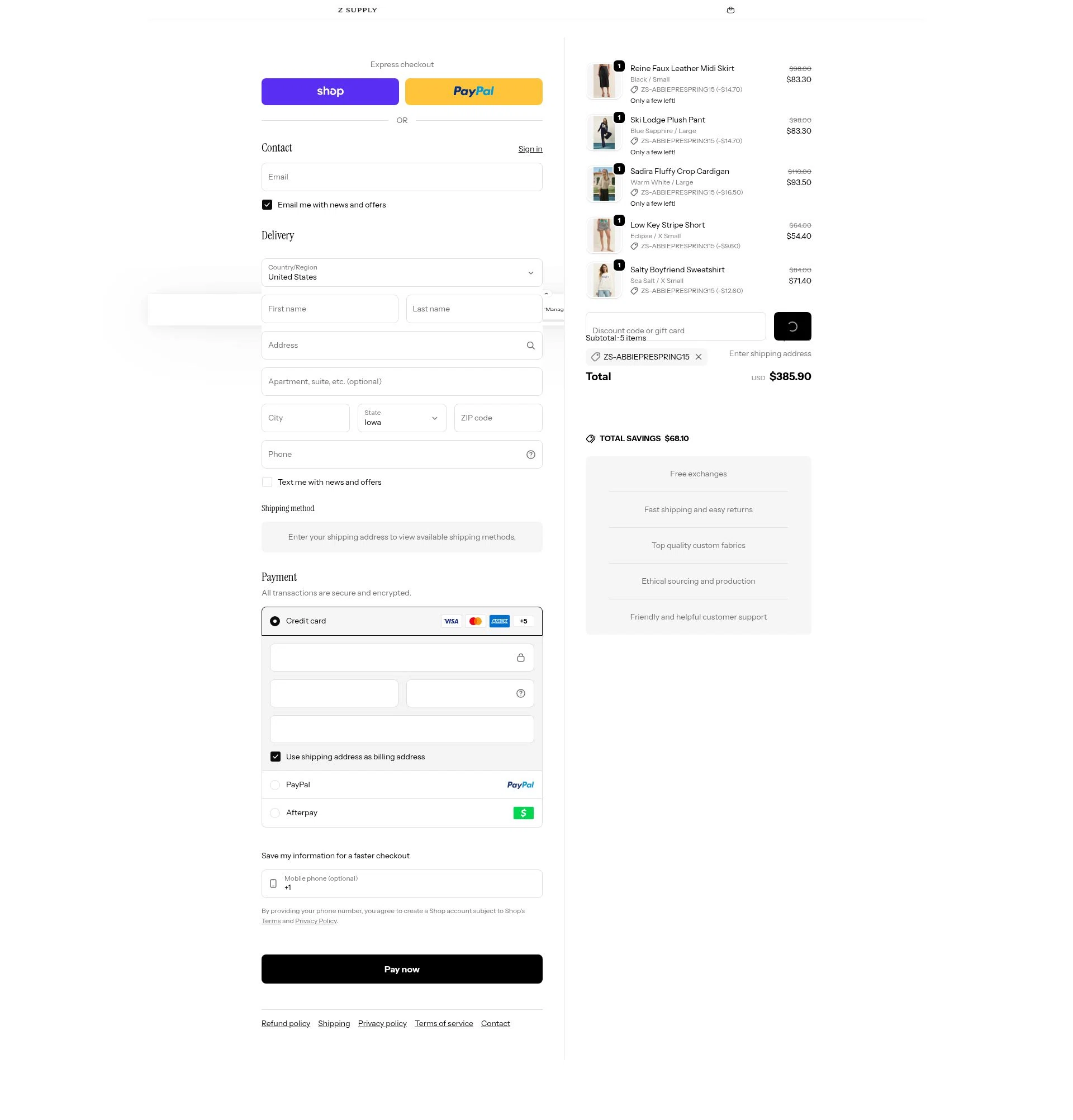 Z Supply Clothing checkout page showing Z Supply Clothing promo code box | Screenshot taken by SimplyCodes community member on Feb 9, 2026