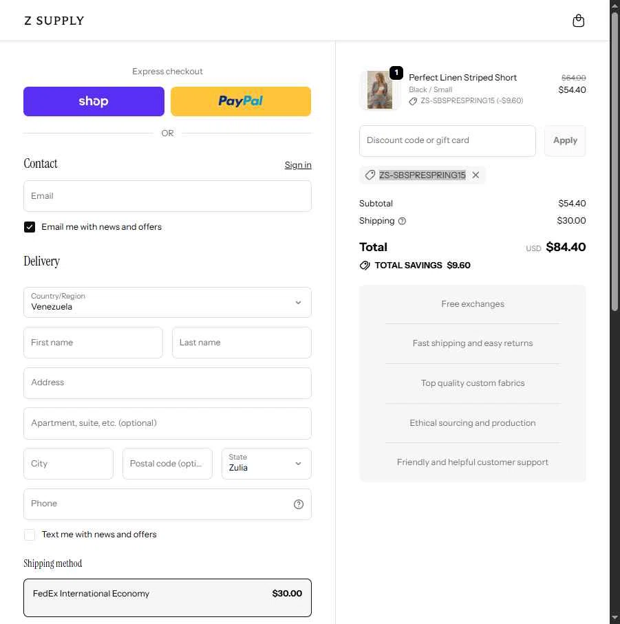 Z Supply Clothing checkout page showing Z Supply Clothing promo code box | Screenshot taken by SimplyCodes community member on Feb 10, 2026