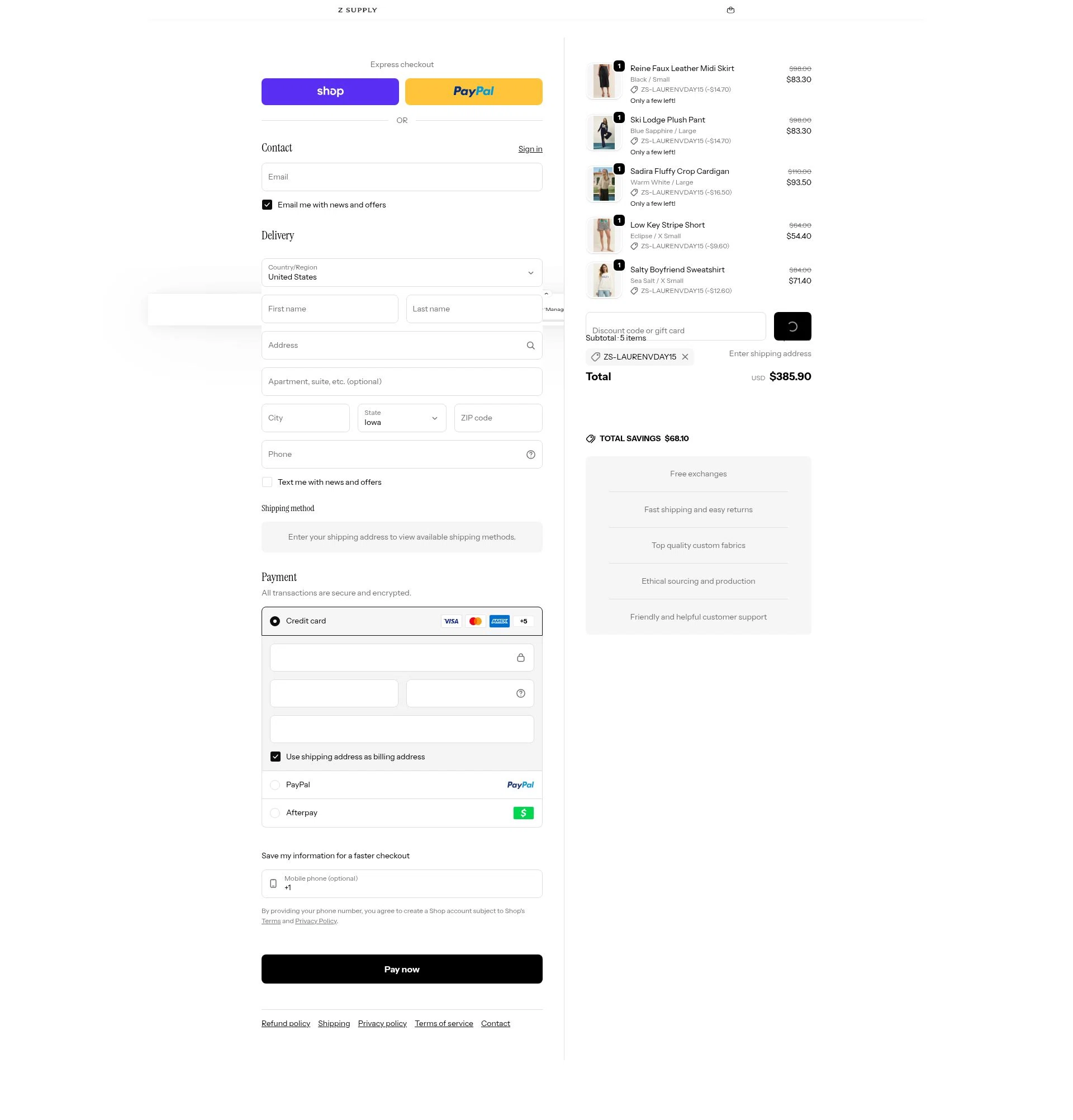Z Supply Clothing checkout page showing Z Supply Clothing promo code box | Screenshot taken by SimplyCodes community member on Feb 9, 2026