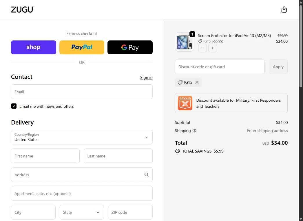Zugu Case checkout page showing Zugu Case promo code box | Screenshot taken by SimplyCodes community member on Feb 1, 2026