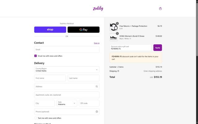 Zulily checkout page showing Zulily discount code box | Screenshot taken by SimplyCodes community member on Sep 13, 2025
