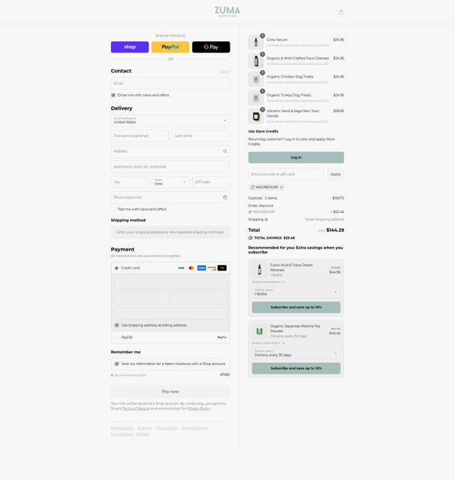 Zuma Nutrition checkout page showing Zuma Nutrition discount code box | Screenshot taken by SimplyCodes community member on Sep 5, 2025