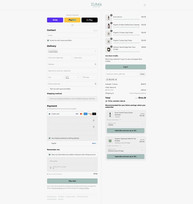 Zuma Nutrition checkout page showing Zuma Nutrition discount code box | Screenshot taken by SimplyCodes community member on Sep 5, 2025