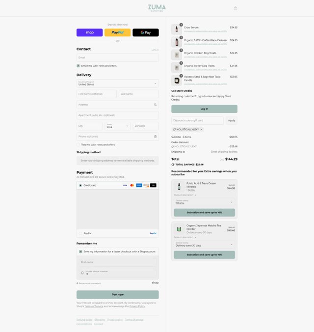 Zuma Nutrition checkout page showing Zuma Nutrition discount code box | Screenshot taken by SimplyCodes community member on Sep 5, 2025