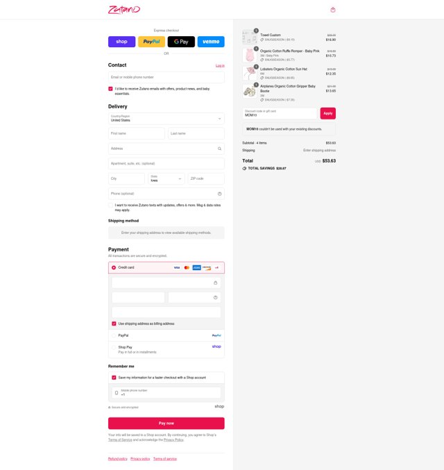Zutano checkout page showing Zutano promo code box | Screenshot taken by SimplyCodes community member on Sep 7, 2025