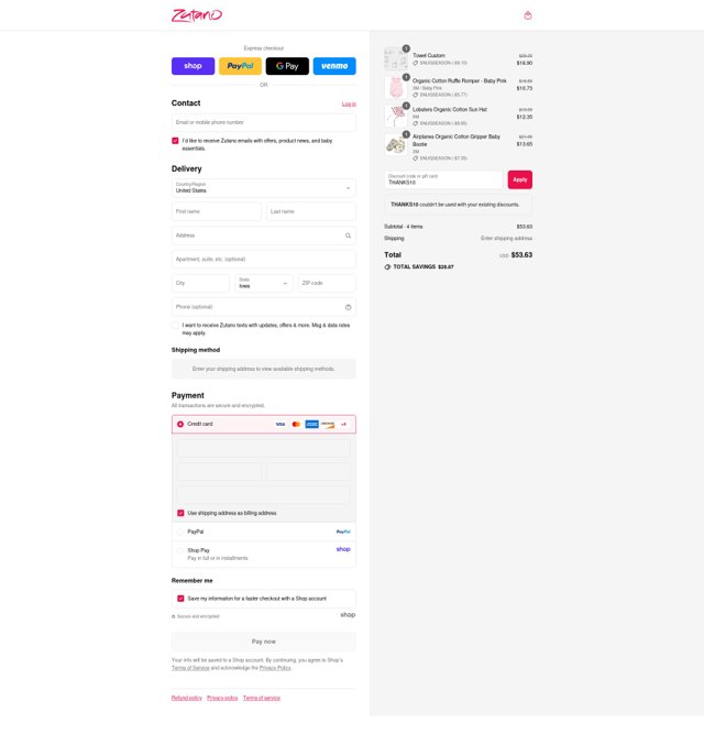 Zutano checkout page showing Zutano promo code box | Screenshot taken by SimplyCodes community member on Sep 7, 2025