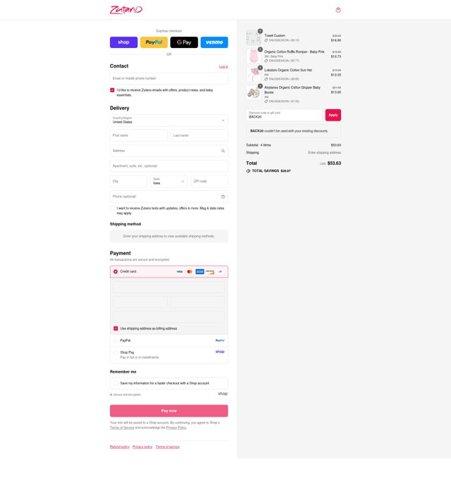 Zutano checkout page showing Zutano promo code box | Screenshot taken by SimplyCodes community member on Sep 7, 2025