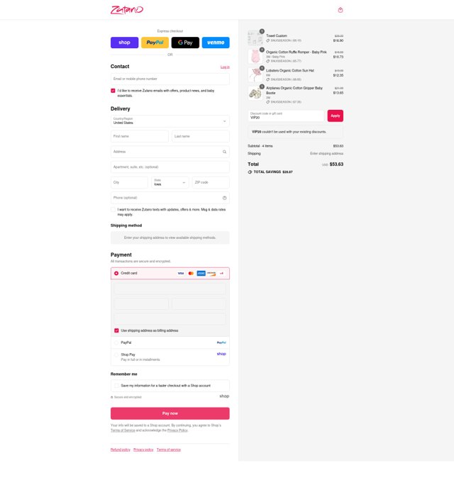 Zutano checkout page showing Zutano promo code box | Screenshot taken by SimplyCodes community member on Sep 7, 2025