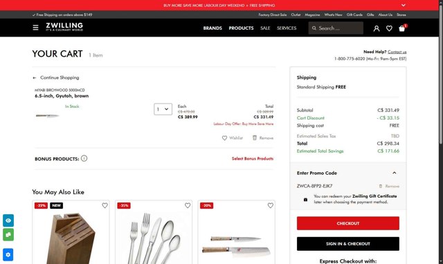 ZWILLING checkout page showing ZWILLING promo code box | Screenshot taken by SimplyCodes community member on Sep 2, 2025