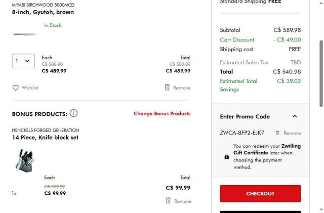 ZWILLING checkout page showing ZWILLING promo code box | Screenshot taken by SimplyCodes community member on Aug 16, 2025