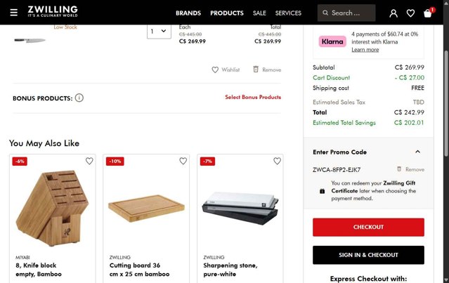 ZWILLING checkout page showing ZWILLING promo code box | Screenshot taken by SimplyCodes community member on Jul 31, 2025