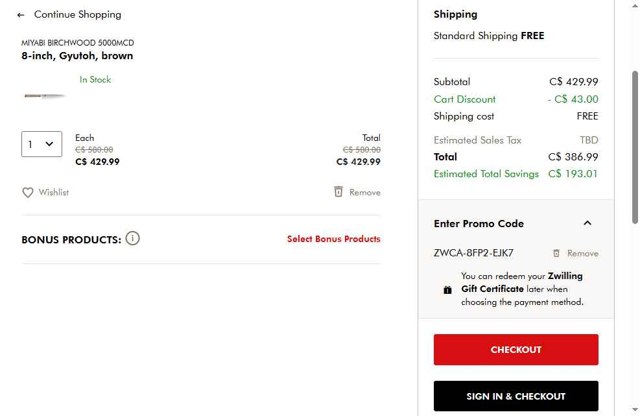 ZWILLING checkout page showing ZWILLING promo code box | Screenshot taken by SimplyCodes community member on Aug 21, 2025