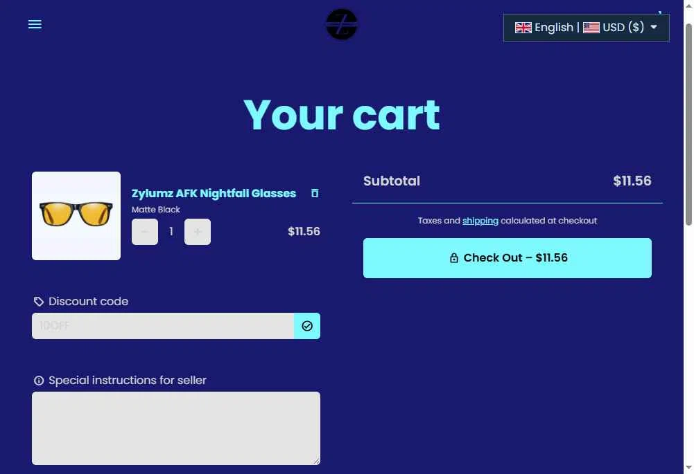 Zylumz Bluelenz checkout page showing Zylumz Bluelenz promo code box | Screenshot taken by SimplyCodes community member on Nov 5, 2025