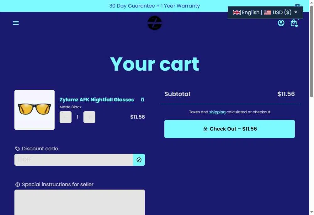 Zylumz Bluelenz checkout page showing Zylumz Bluelenz promo code box | Screenshot taken by SimplyCodes community member on Nov 5, 2025