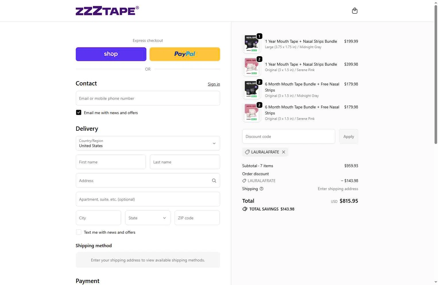 ZzzTape checkout page showing ZzzTape discount code box | Screenshot taken by SimplyCodes community member on Dec 17, 2025