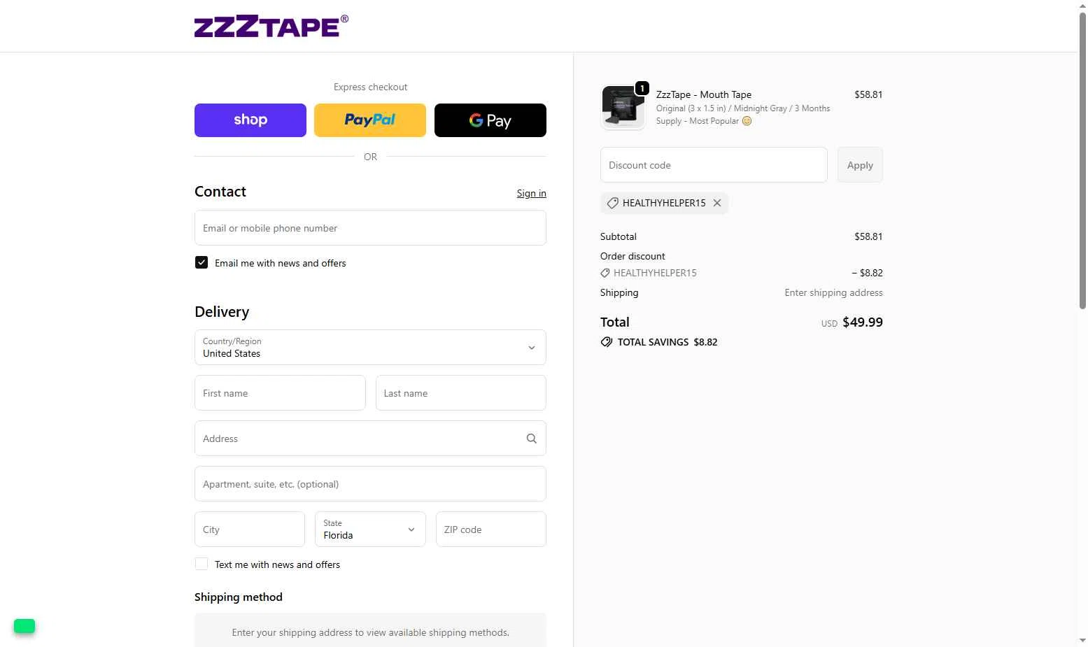 ZzzTape checkout page showing ZzzTape discount code box | Screenshot taken by SimplyCodes community member on Nov 20, 2025