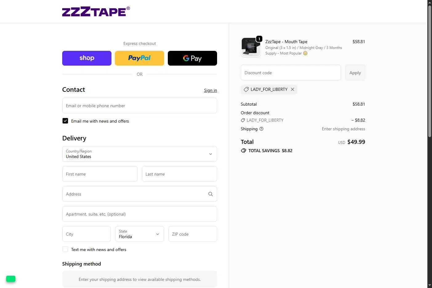 ZzzTape checkout page showing ZzzTape discount code box | Screenshot taken by SimplyCodes community member on Dec 18, 2025
