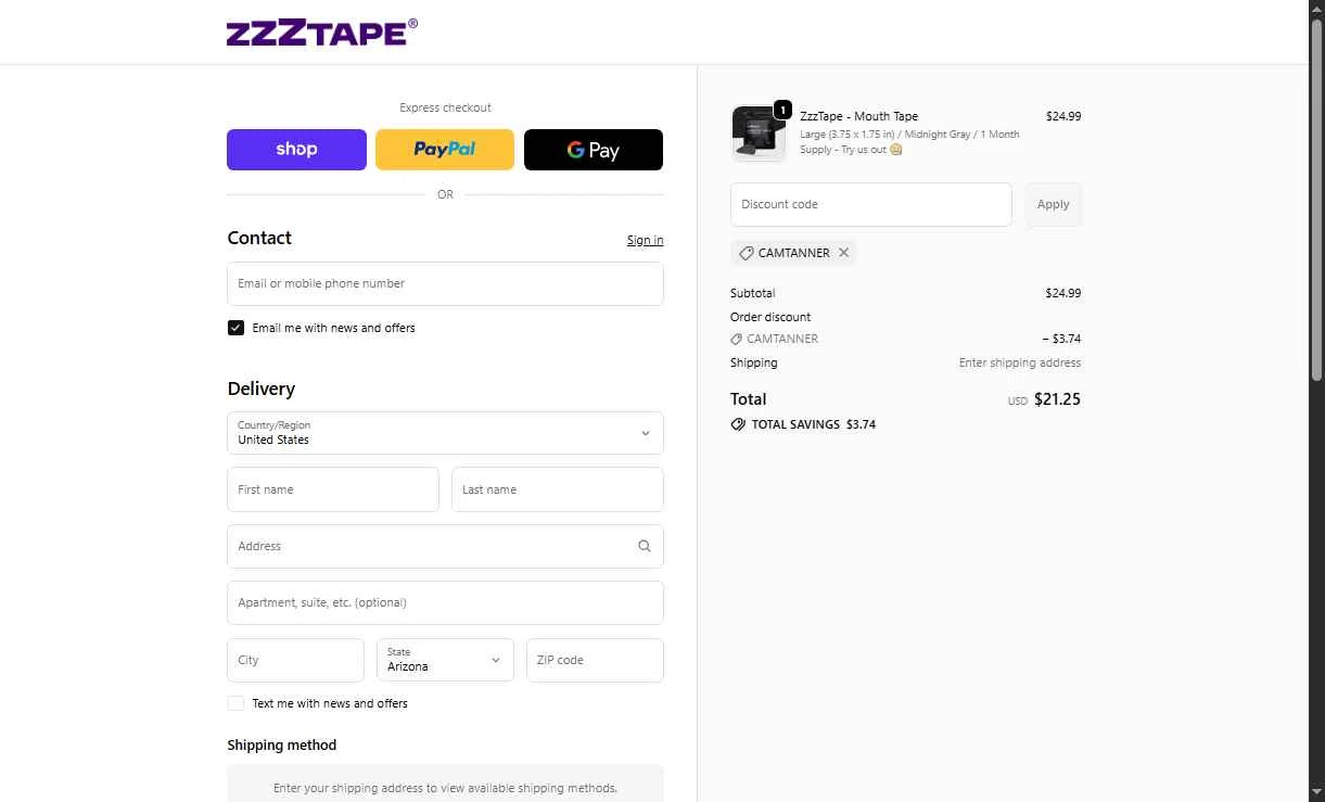 ZzzTape checkout page showing ZzzTape discount code box | Screenshot taken by SimplyCodes community member on Nov 2, 2025