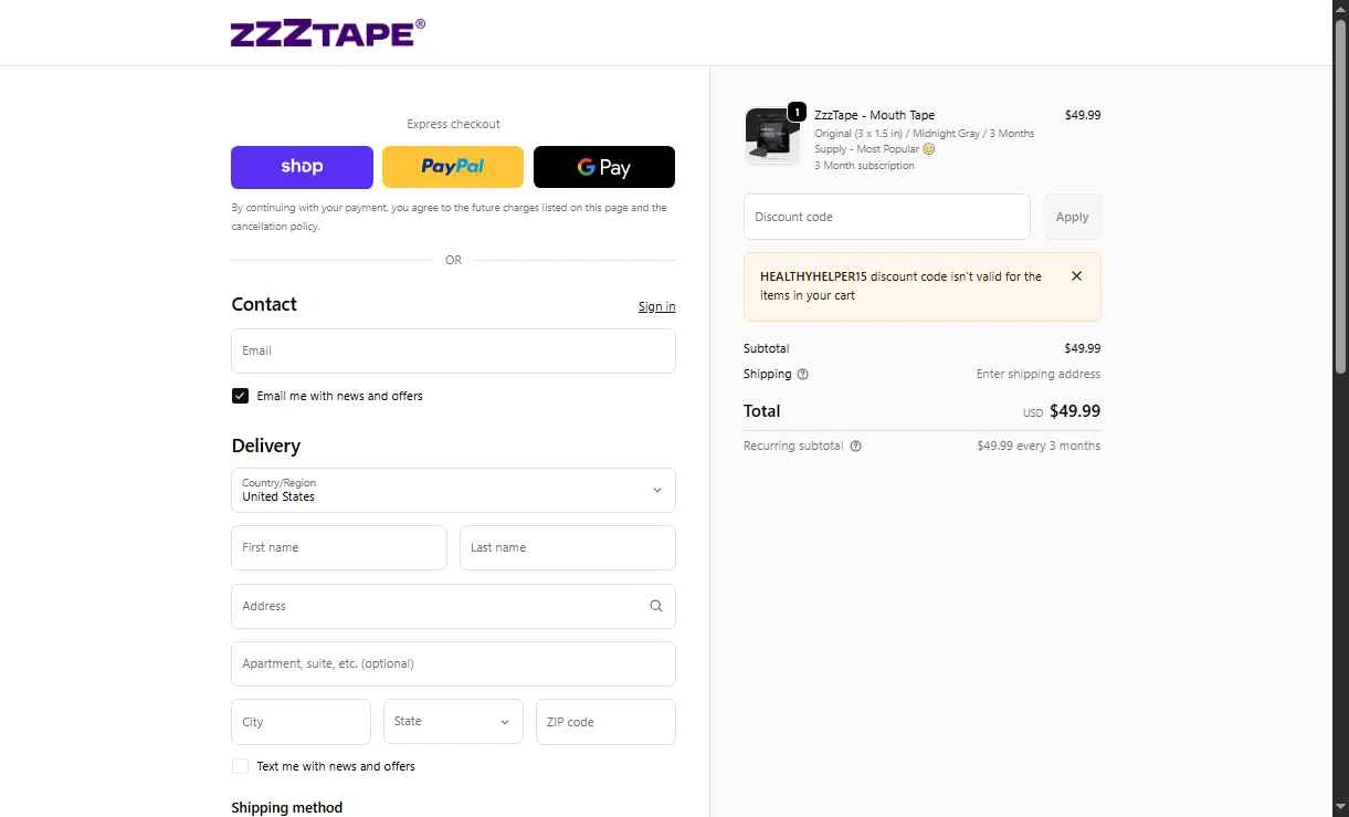 ZzzTape checkout page showing ZzzTape discount code box | Screenshot taken by SimplyCodes community member on Dec 19, 2025