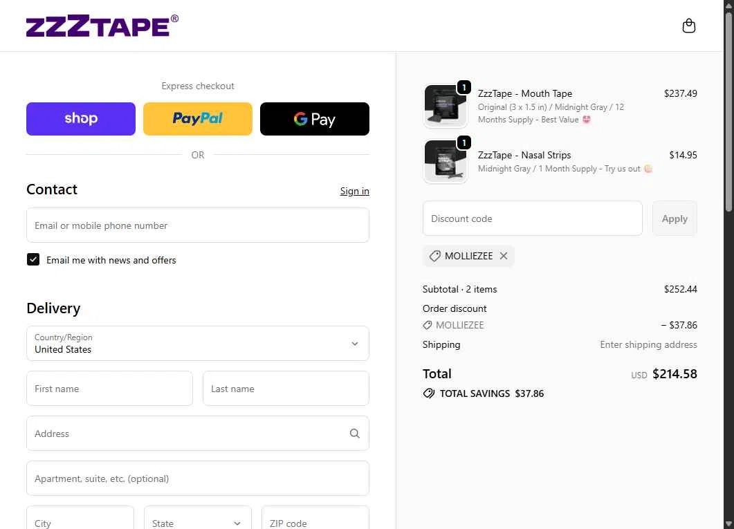 ZzzTape checkout page showing ZzzTape discount code box | Screenshot taken by SimplyCodes community member on Nov 2, 2025