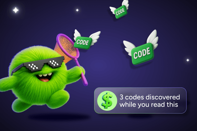A fuzzy green monster wearing pixel sunglasses uses a net to catch flying CODE badges beside the text 3 codes discovered while you read this.