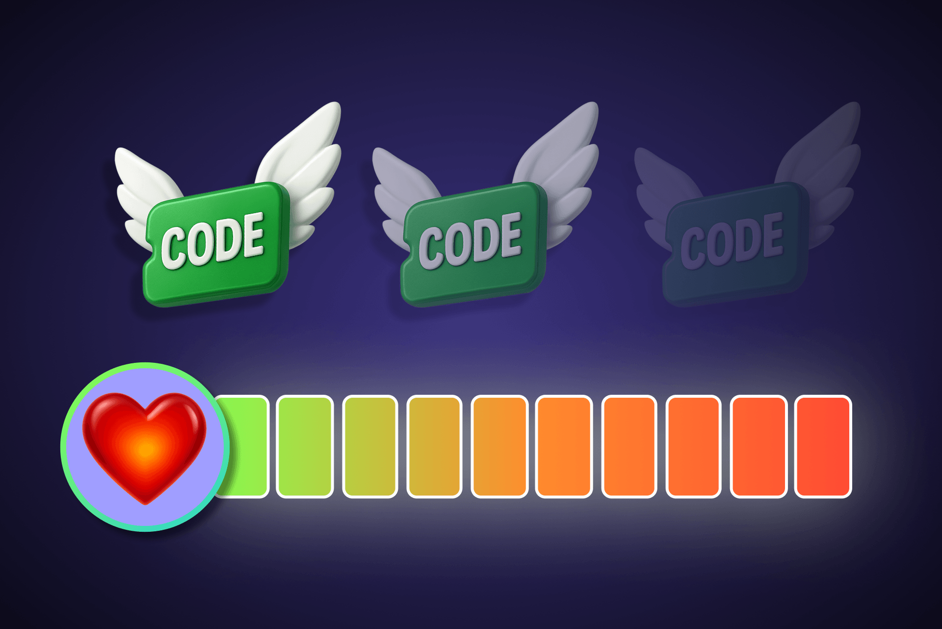 Three winged green CODE badges fade from bright to dim above ten squares ranging green to red next to a red heart icon.