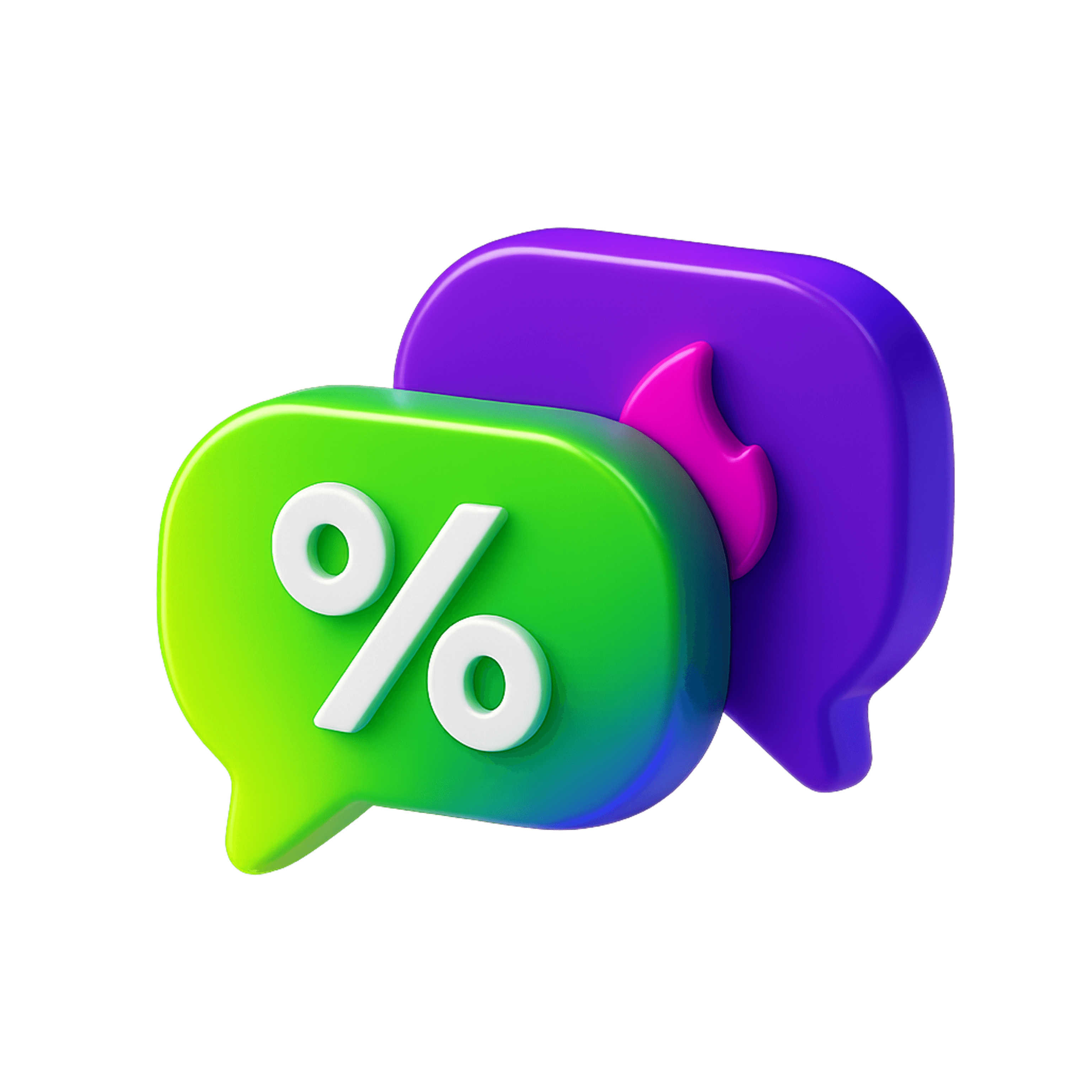 A green speech bubble with a white percent sign overlaps a purple bubble with a pink flame icon on a black background.