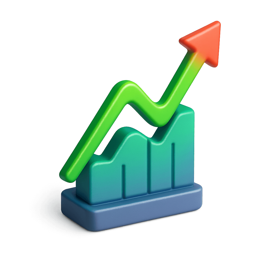 A 3D bar chart with four teal bars rising left to right, overlaid by a green arrow pointing upward.